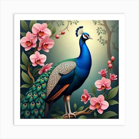 Peacock With Blooming Orchids 1 Art Print