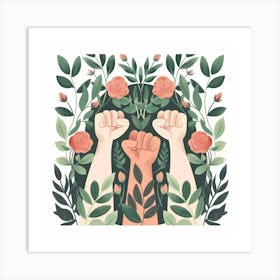 Women Feminist Fists Up Flowers Pastel Colors Art Print