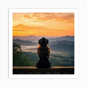 Woman In Black Hat Sitting Alone On A Wooden Balcony Overlooking A Hill Dotted Landscape Trees Al (3) Art Print