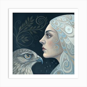 ENCHANTED CONNECTION OF A WOMAN AND A HAWK WITH INTRICATE PATTERNS Art Print