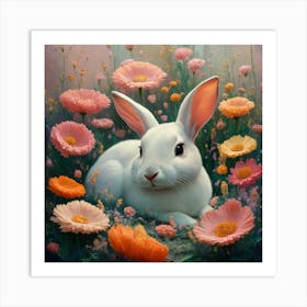 Enchanted Serenity A Vibrant Oil Painting Of A Rabbit Among Flowers (3) Art Print