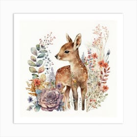 Watercolor Forest Cute Baby Deer Art Print