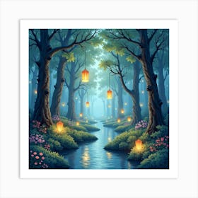 Enchanted Watercolor Forest With Floating Lanterns 1 Art Print