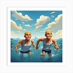 Racing Swimmers Swim In Ocean Cartoon Art Print 3 Art Print