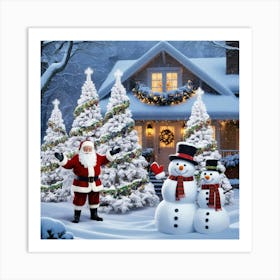 Santa And Snowmen Art Print