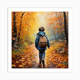 Pastel Drawing Of Autistic Child With Rucksack Walking Through Autumn Wood With Leaves Falling With Art Print