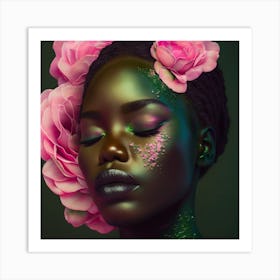 Black Woman With Pink Roses Art Print