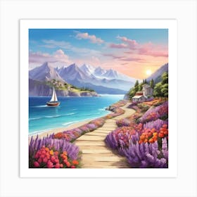 Lavender Flowers And the Sea Art Print