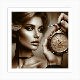 Beautiful Woman With A Clock Art Print