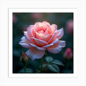 A Dreamy Rose With Petals Of Cascading, Iridescent Light Blooming In A Magical Garden Art Print