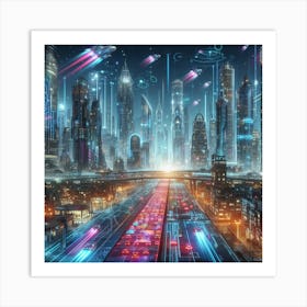 A futuristic cityscape with flying cars2 Art Print