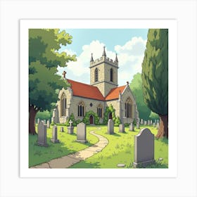 A Picturesque English Churchyard With Old Gravestones And Greenery, Watercolor Style 1 Art Print