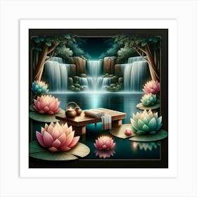 Lotus Pond With Waterfall Art Print