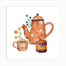 Watercolor Teapot And Candle with cottagecore vibe Art Print