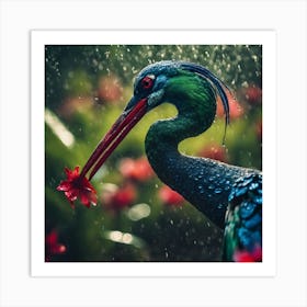 Blue and Green Feathered Bird with Hibiscus Art Print