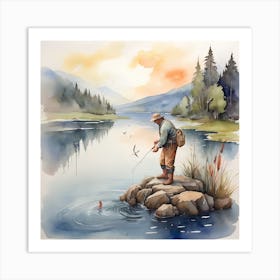 Watercolor Of A Fisherman 1 Art Print