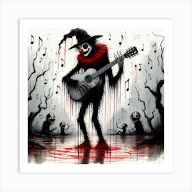 Stephen Gammell style, dessin, aquarelle, aquarelles, noir et blanc et rouge , de marais, de sombres créatures, dégoulinan, character resembling Pierrot playing guitar, musical notes all around him Art Print