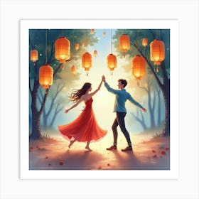 Watercolor Scene Of Dance With Floating Lanterns 1 Art Print