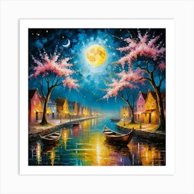 a colossal crescent moon melts into the river, leaving a luminous yellow trail, fishing boats glide under the moon's glow, while pink blossoms shower the water Art Print