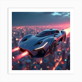 Sleek Futuristic Car With Glowing Engines, Cruising Above A Neon Lit City 1 Art Print