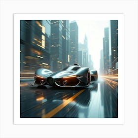 Futuristic Formula Car With Aerodynamic Design Speeding Past Sci Fi Buildings 1 Art Print