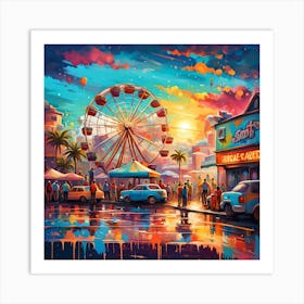 Sunset At The Amusement Park By The Seashore Art Print