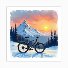 Sports Bike By A Snowy Peak With A Sunset Watercolor Painting 1 Art Print