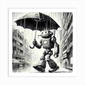 Robot Holding An Umbrella In The Rain, Ink Drawing Art Print