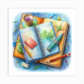 Watercolor Illustration Of Open Notebook With Stationery Art Print