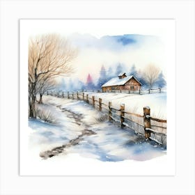 A soft Spanish watercolor painting of a snowy landscape with a high level of detail. Art Print