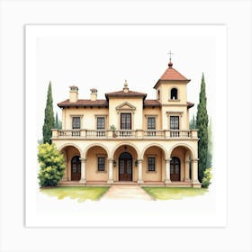 Watercolor Art Of A Historic Spanish Building With Elegant Arches Art Print