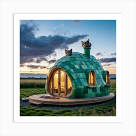 Perspective View Of A Whimsical Cat Shaped House Resembling An Animated Feline Frozen In A Playful Art Print