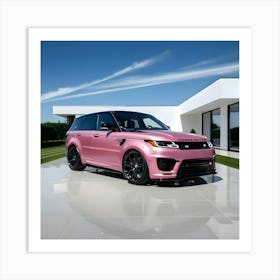 A Sleek Pink Range Rover Sport With A High Gloss Finish In Front Of Modern Mansion 3 Art Print