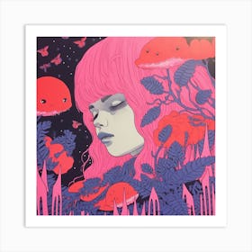 Ethereal Girl Surreal Risograph Illustration, Bubblegum Colours, Mushrooms & Eyes Art Print