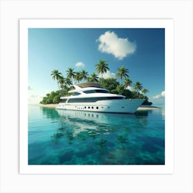 Elegant White Yacht Docked At A Tropical Island With Palm Trees 1 Art Print