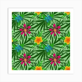 Tropical Leaves And Pink Flowers, Pattern Art Print