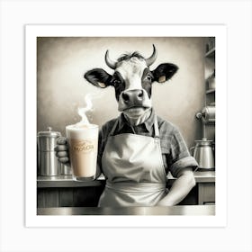 Cow Holding A Cup Of Coffee Art Print