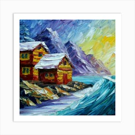 Acrylic and impasto pattern, mountain village, sea waves, log cabin, high definition, detailed geometric 15 Art Print