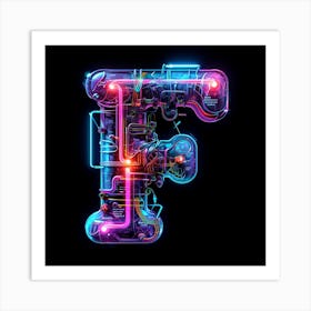 Neon Letter F made of glowing circuits Art Print