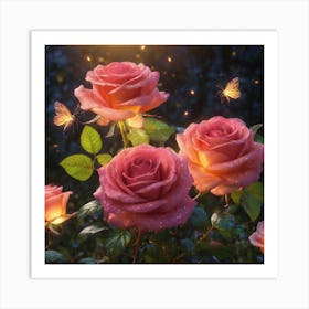 Pink Roses With Butterflies Art Print