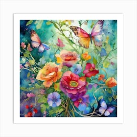 Flowers And Butterflies Art Print