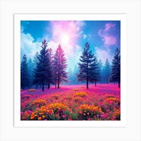 Pink Flowers In A Field Art Print