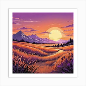 Summer Landscape Sunset In The Desert Cartoon Style Sunset Landscape With Grass Field And Trees (1) Art Print