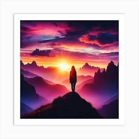 Woman Standing On Top Of Mountain Art Print