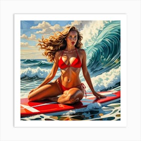 Woman Surfer, Riding a Wave Cubism Style Art Print