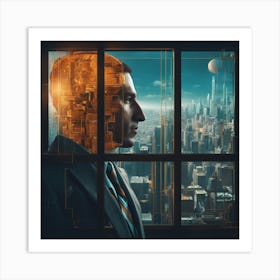 A Man S Head Shows Through The Window Of A City, In The Style Of Multi Layered Geometry, Egyptian Ar (2) Art Print