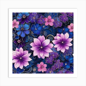 Purple Flowers On A Blue Background 1 Art Print