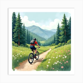 Mountain Bike Through A Forested Valley Watercolor Scene 1 Art Print