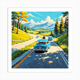 90's car, A Classic 1960s Family Road Trip Scene art print 2 Art Print