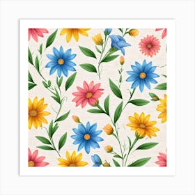 Yellow, Blue and Red Wildflowers Art Print